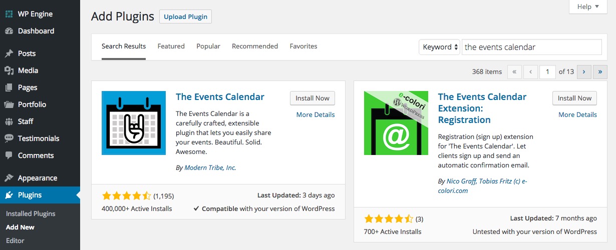 Events Calendar Plugin: Install