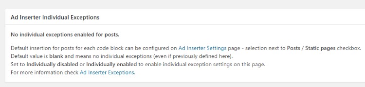 Ad Inserter Settings: Exceptions