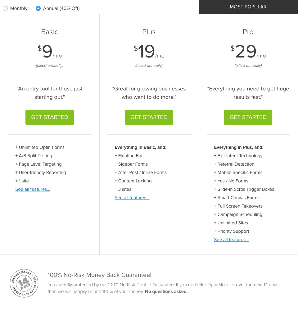 OptinMonster Pricing 2016