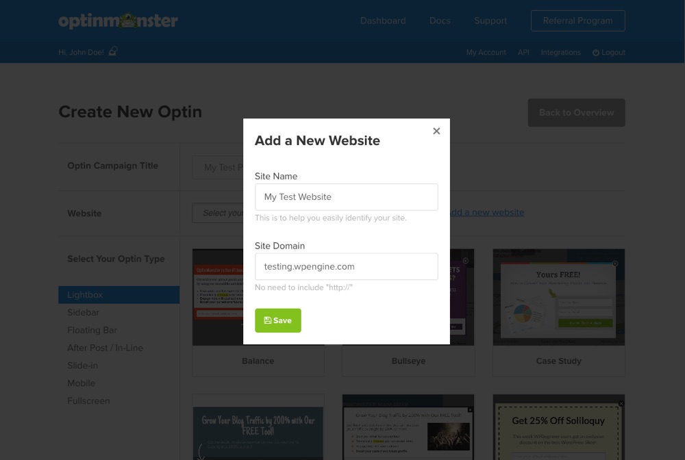 OptinMonster Add Website