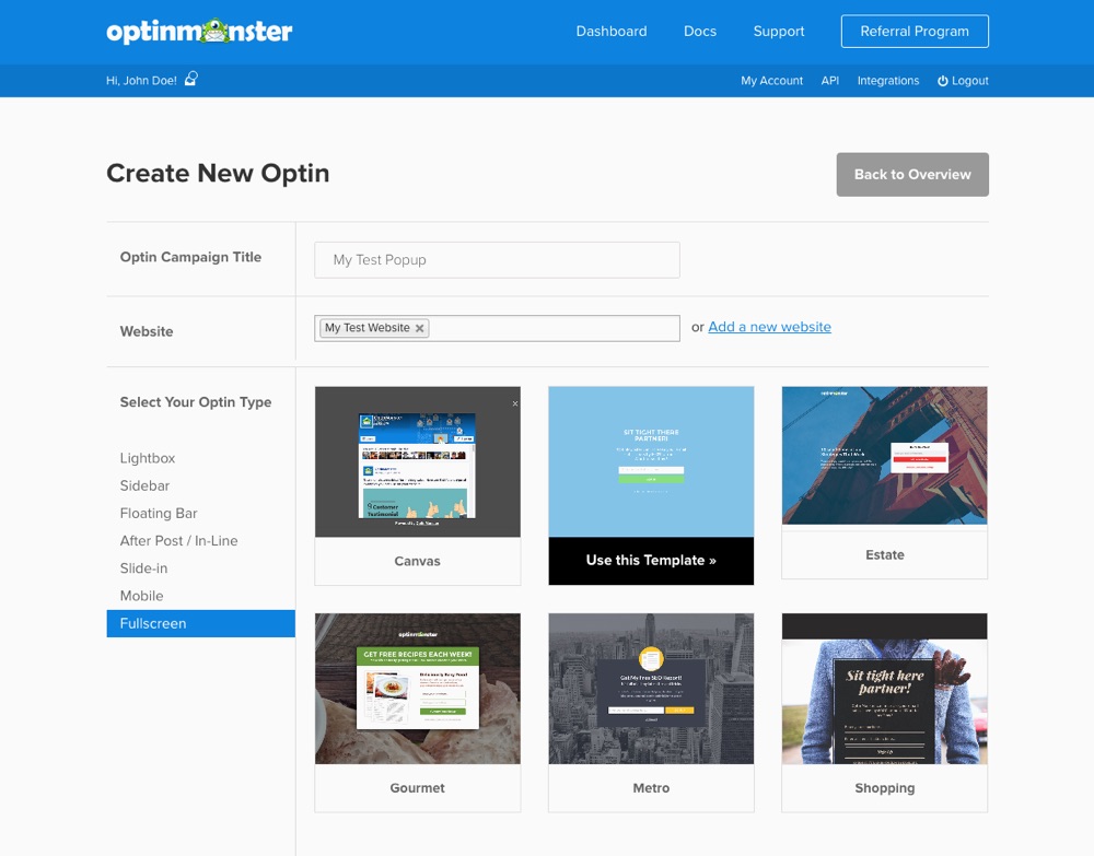 OptinMonster Optin Form Selection