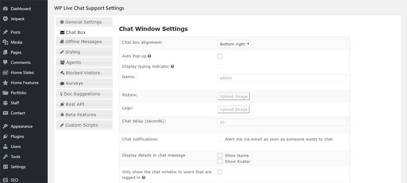wp live chat support chat box settings