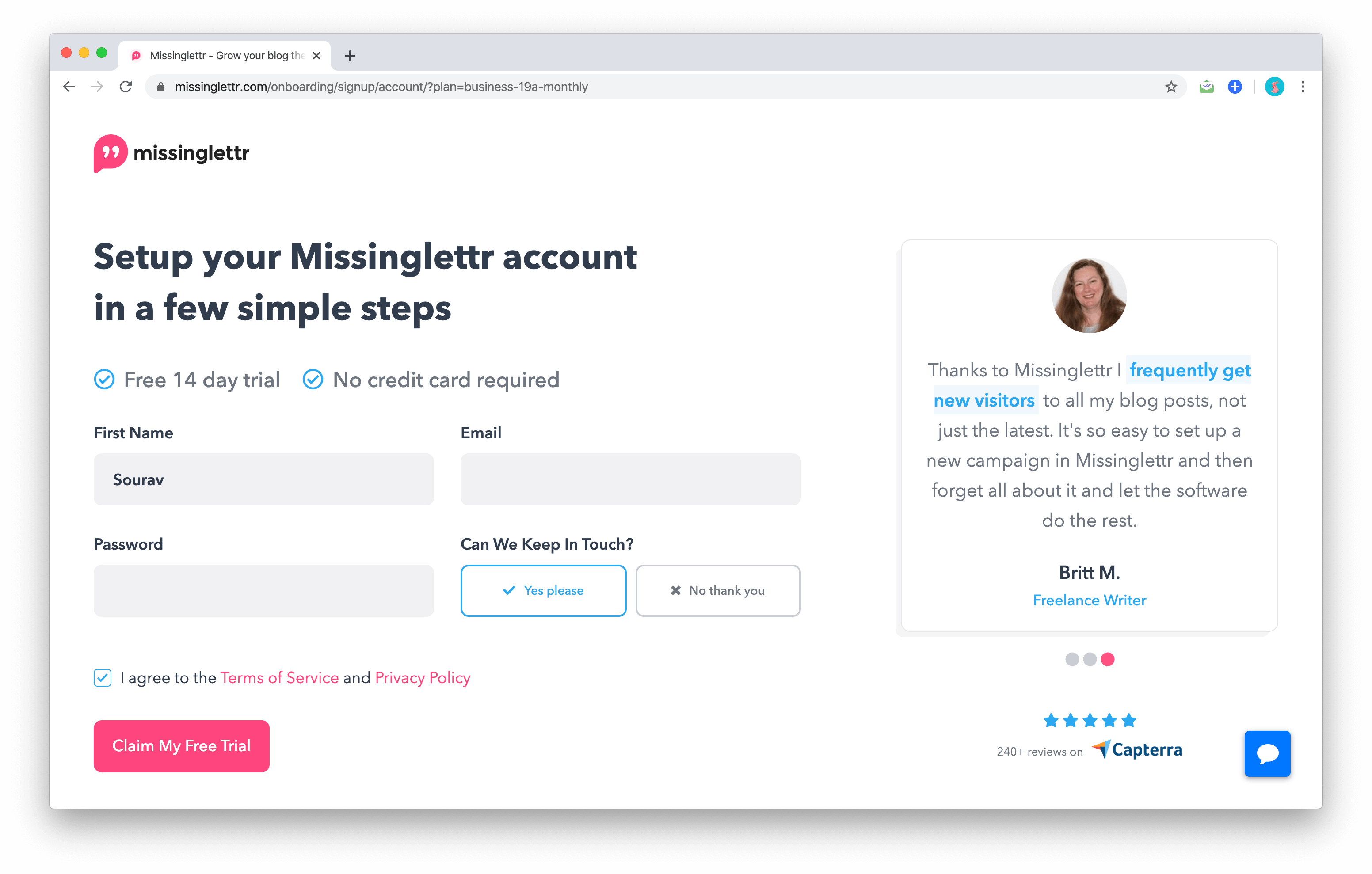 missinglettr signup page