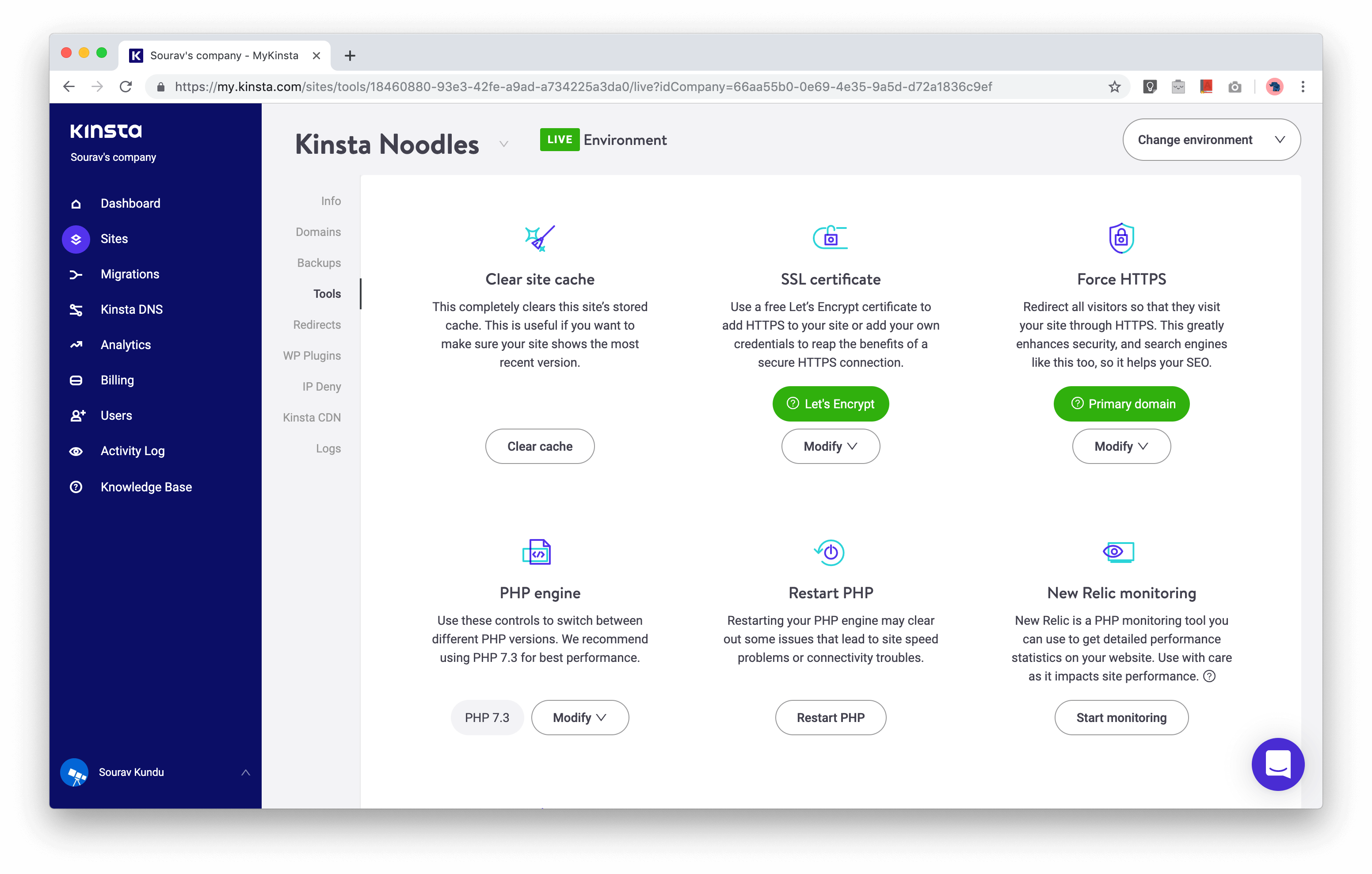 screenshot of MyKinsta WordPress management tools