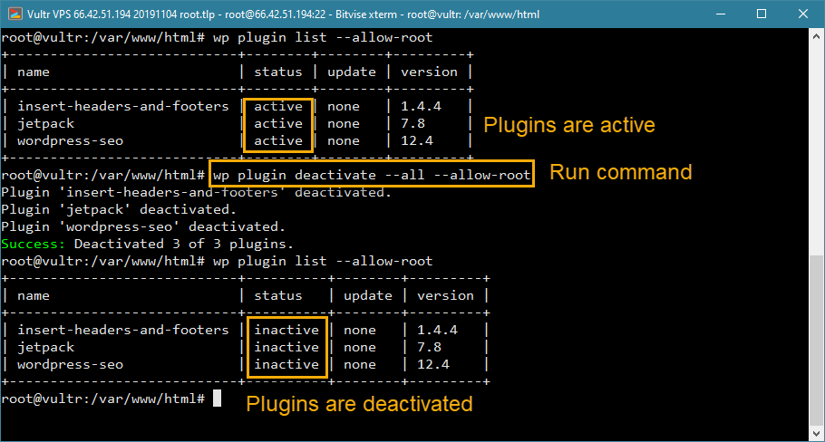 wp-cli disable all plugins in wordpress from command line