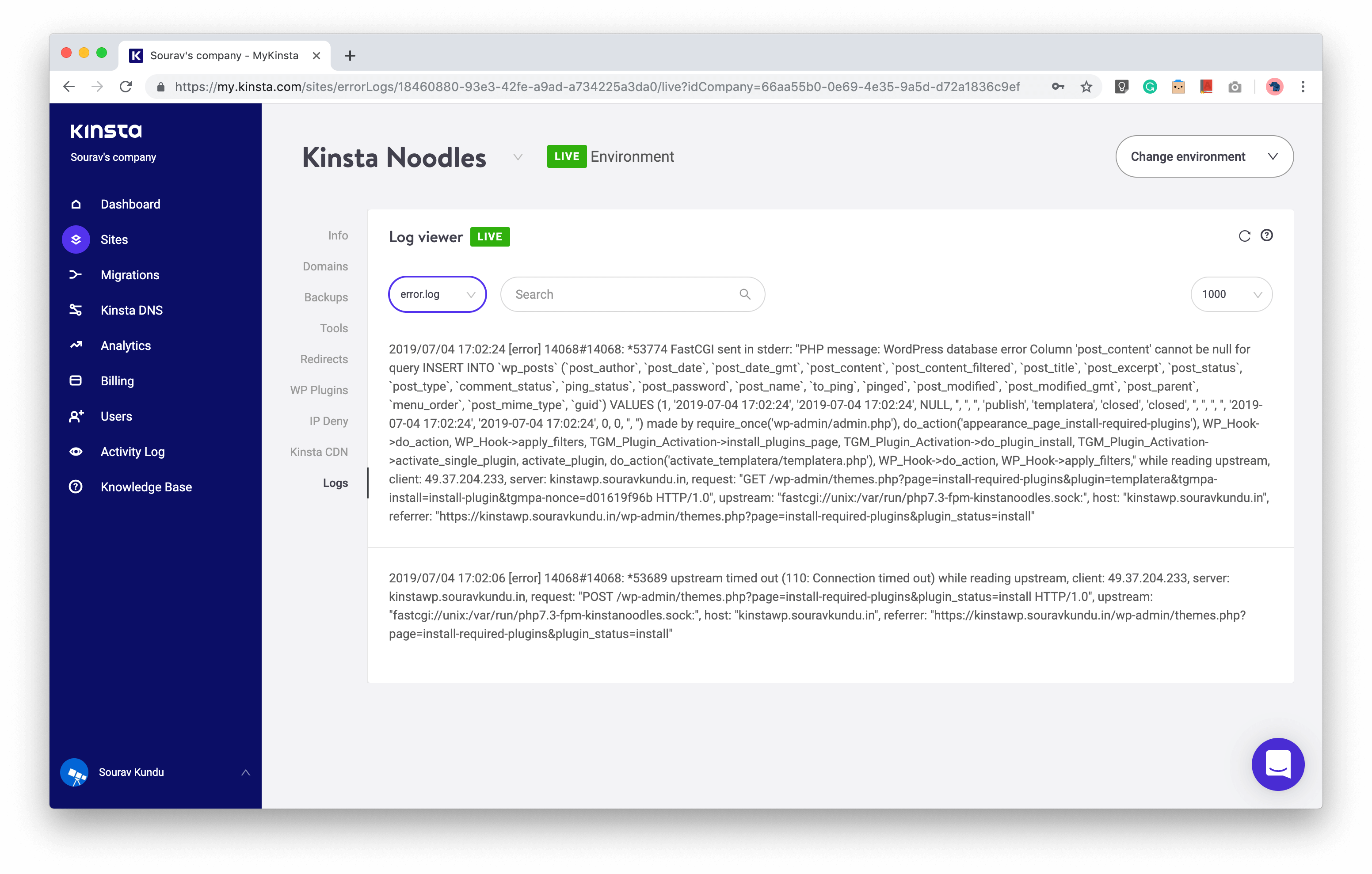 screenshot of Raw server access logs in Kinsta