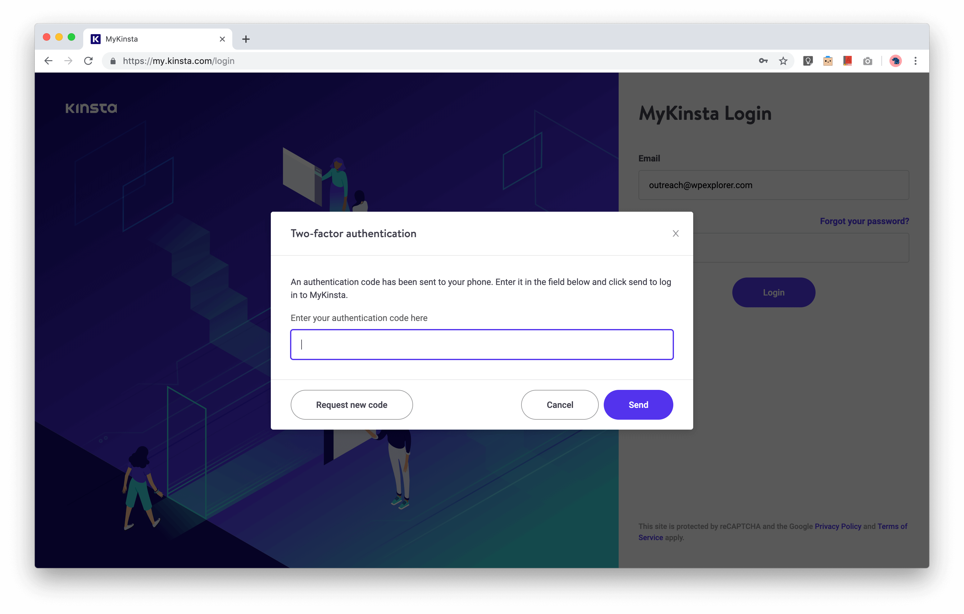 screenshot of Two-factor authentication when logging in to MyKinsta