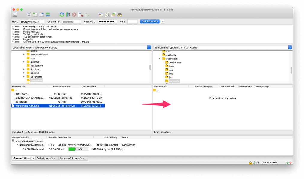 uploading wordpress zip archive via ftp