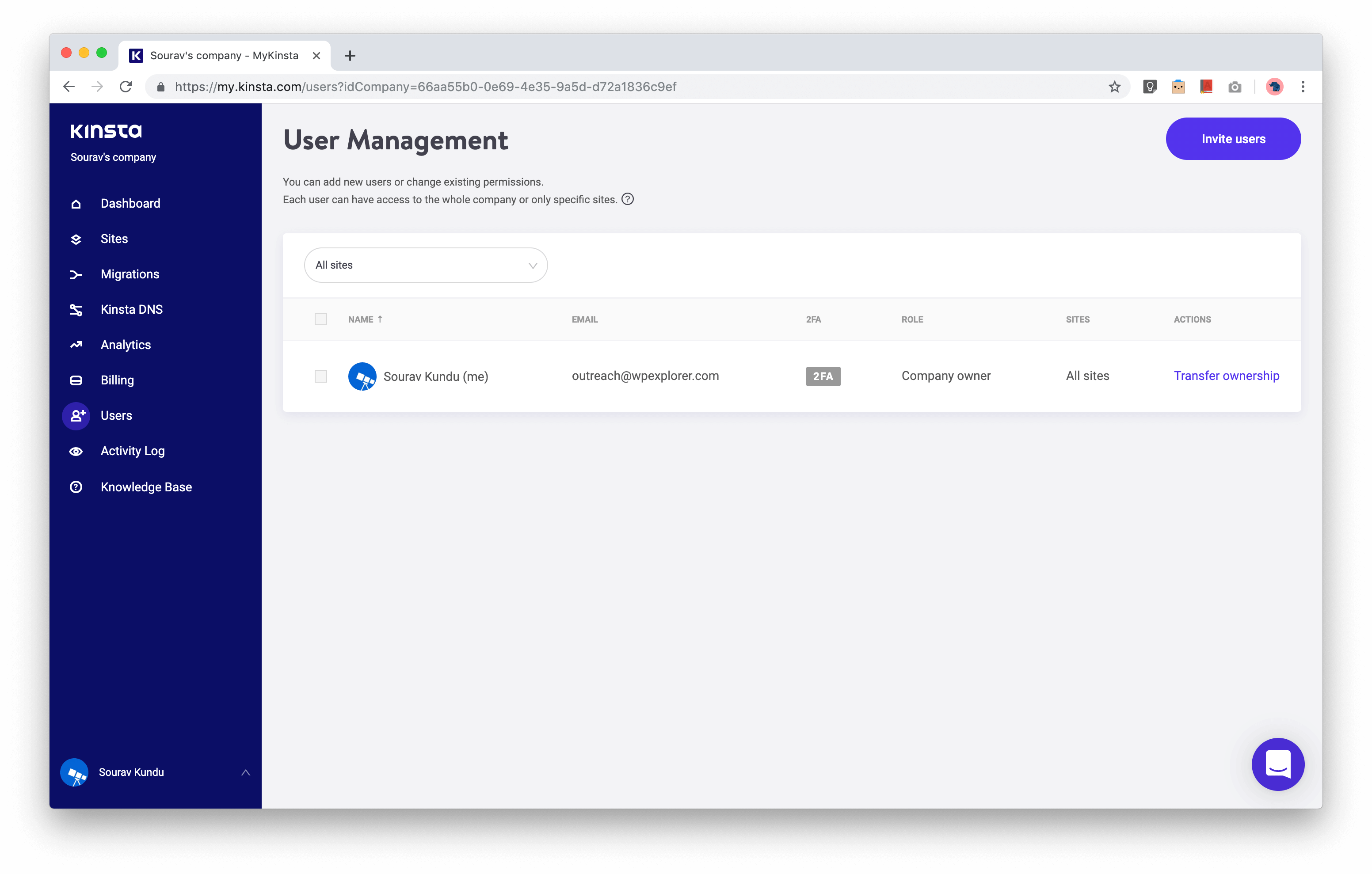 screenshot of MyKinsta User Management