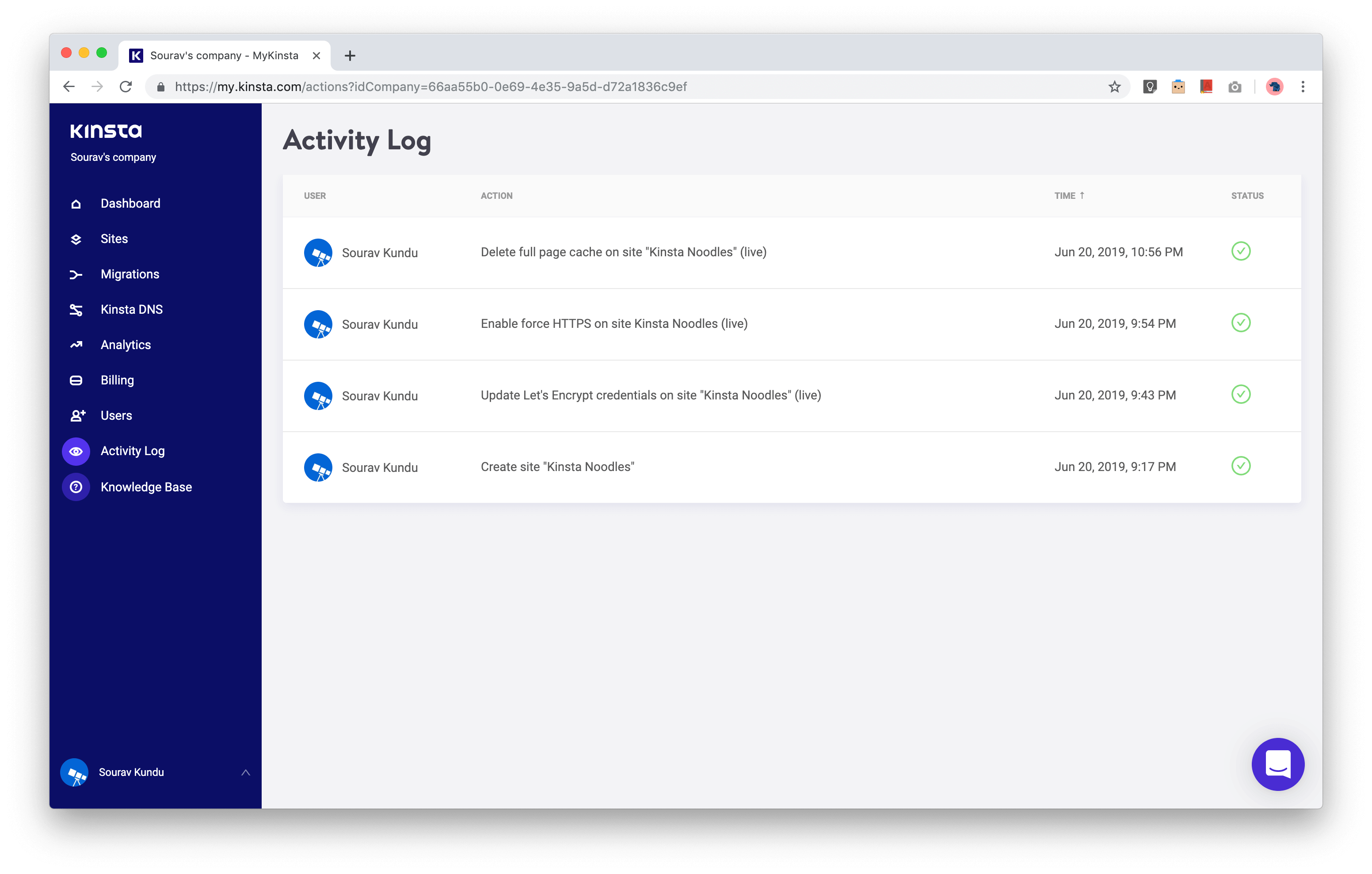 screenshot of MyKinsta User Activity log