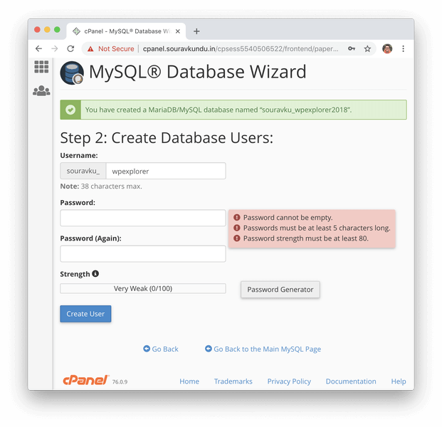 creating new mysql database in cpanel 2 db user and password