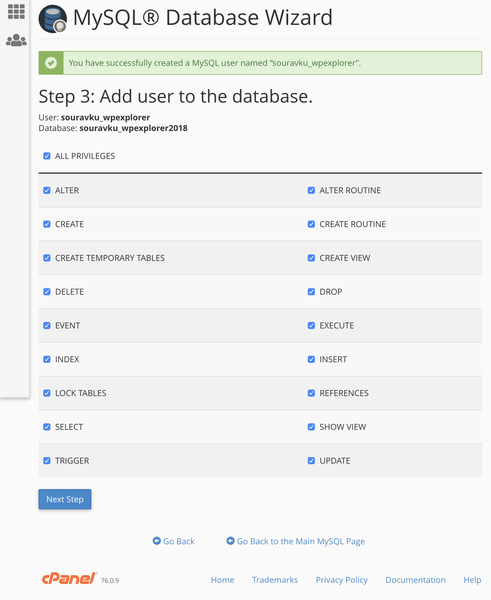 создание новой базы данных mysql в cpanel 3 с предоставлением прав доступа БД