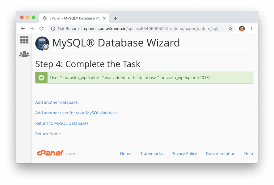 creating new mysql database in cpanel successfully created