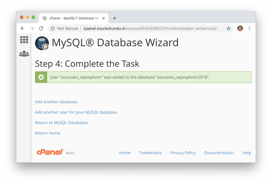 Создание новой базы данных MySQL в Cpanel успешно создан