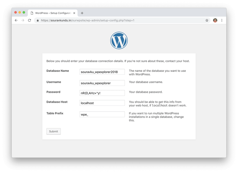 WordPress 5 минут установки 3 введите данные базы данных