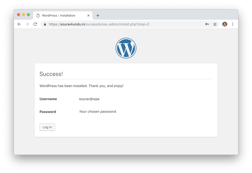 wordpress 5 minute install 6 completed