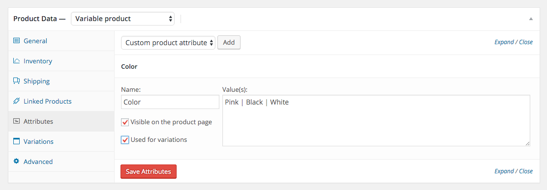 WooCommerce Variable Product Attributes
