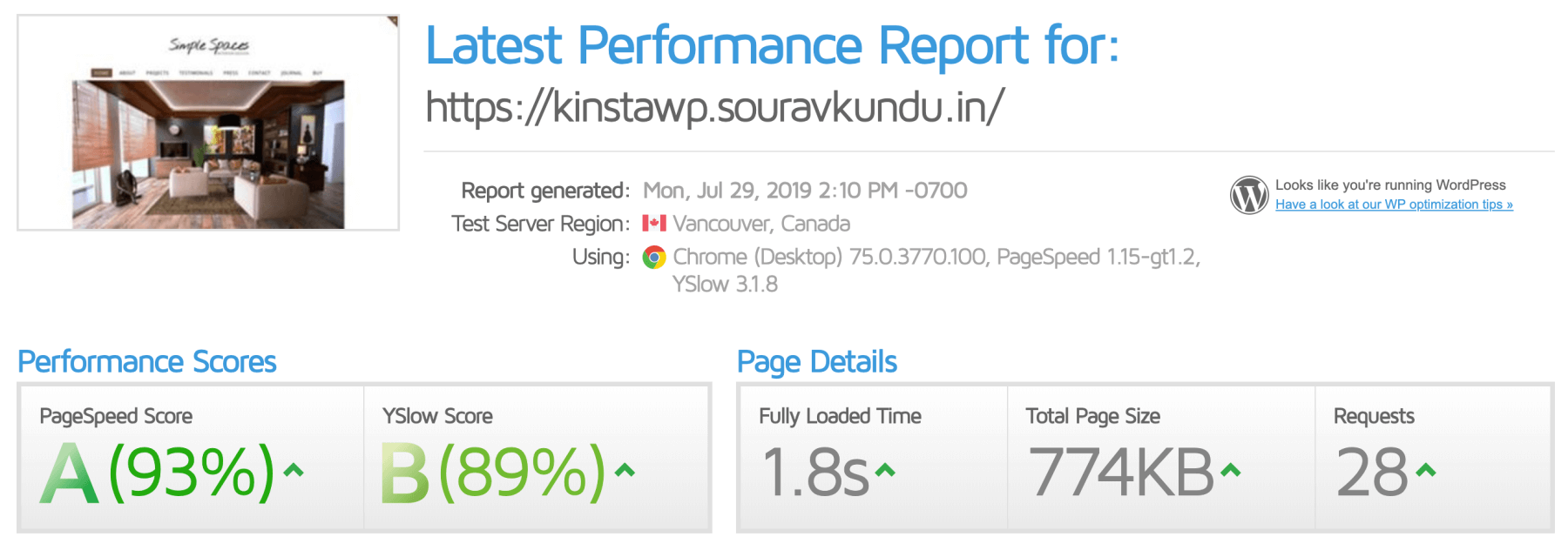 screenshot of Kinsta performance benchmarks - Gtmetrix