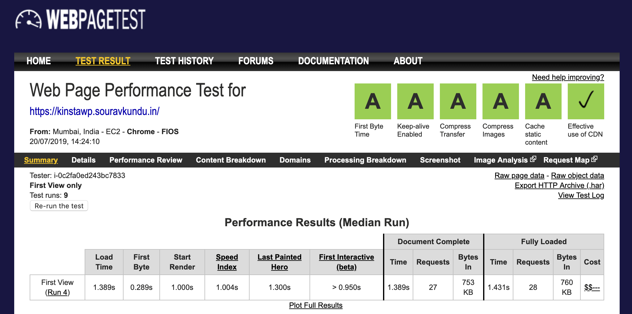 screenshot fo Kinsta performance benchmarks WebPageTest