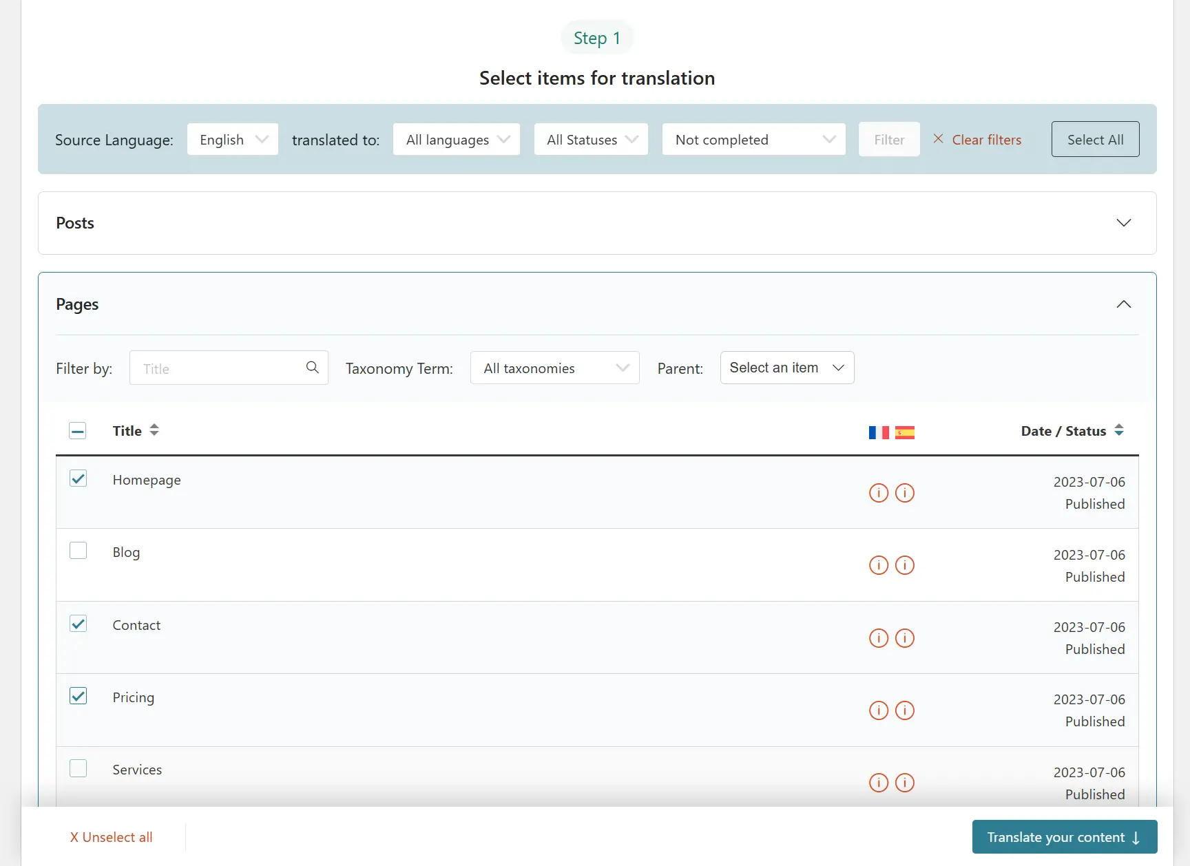 WPML select items for translation