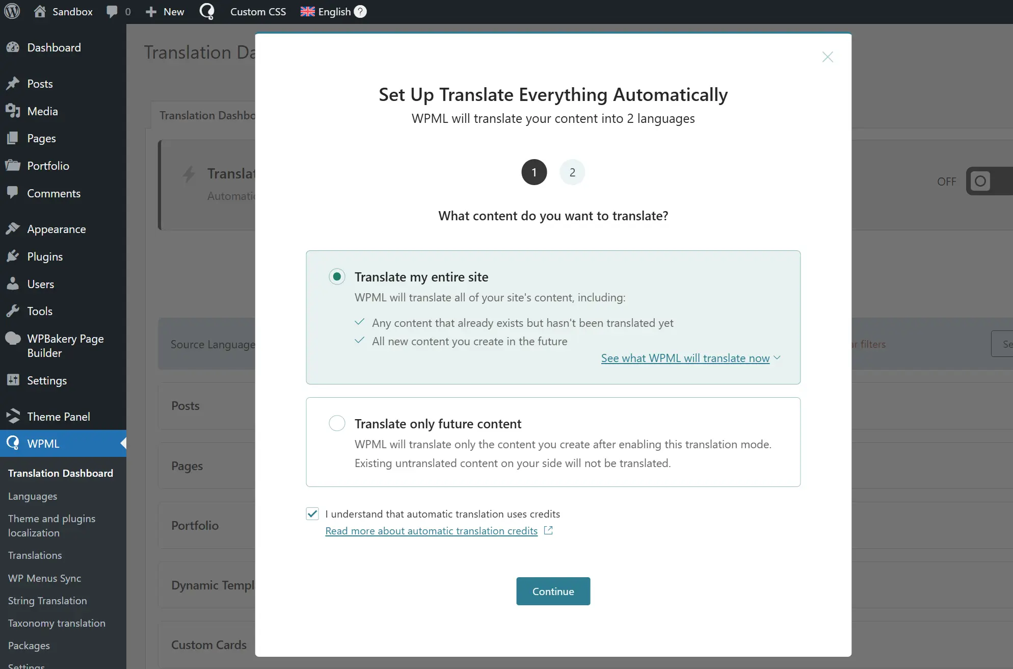 WPML translate everything popup
