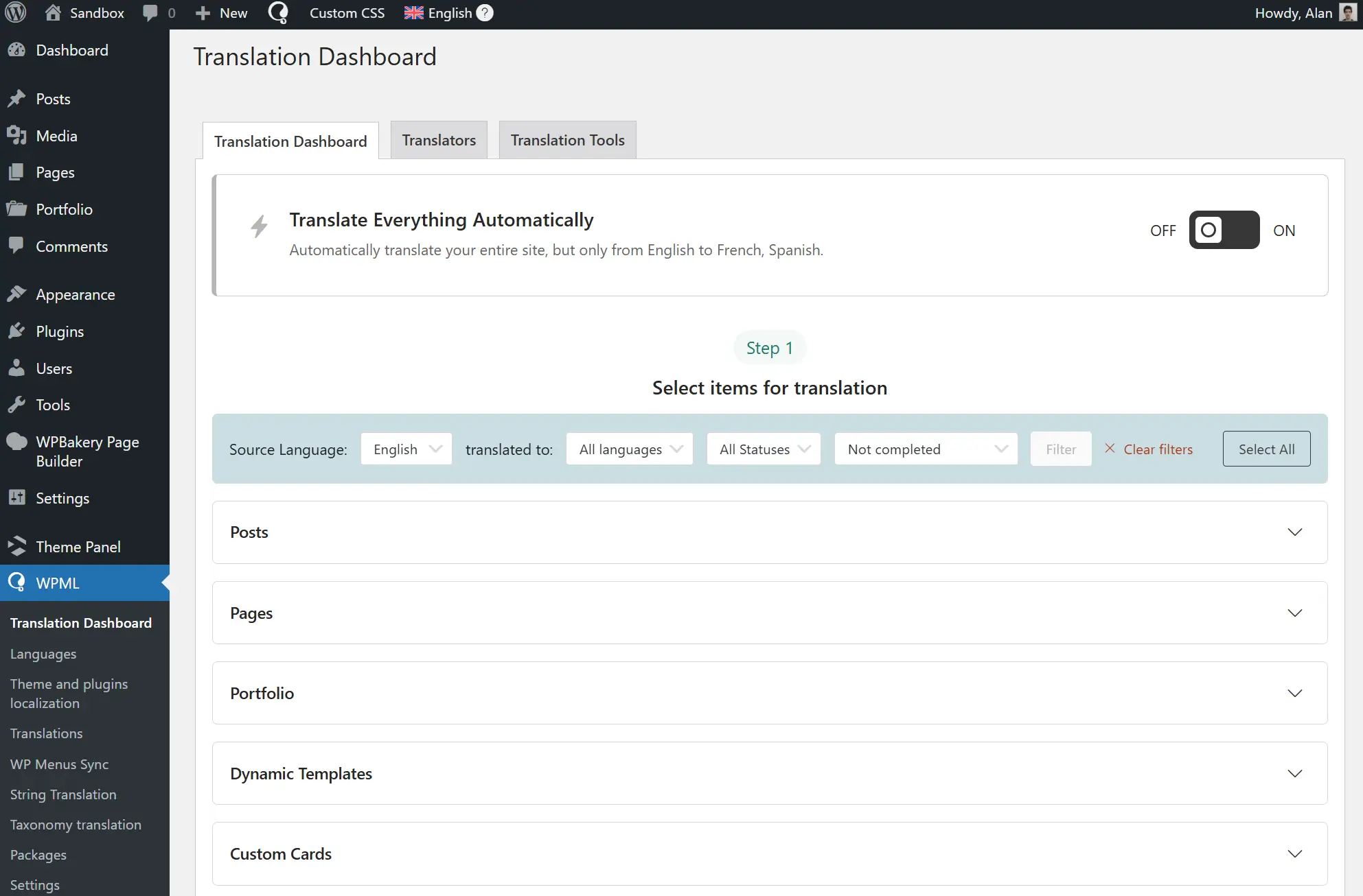 WPML translations dashboard