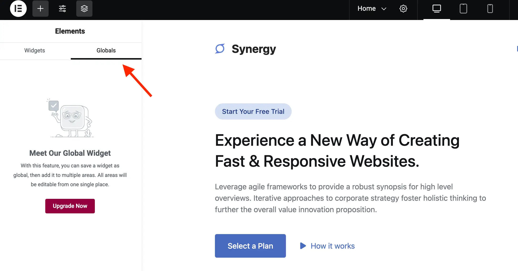 Elementor sidebar globals tab