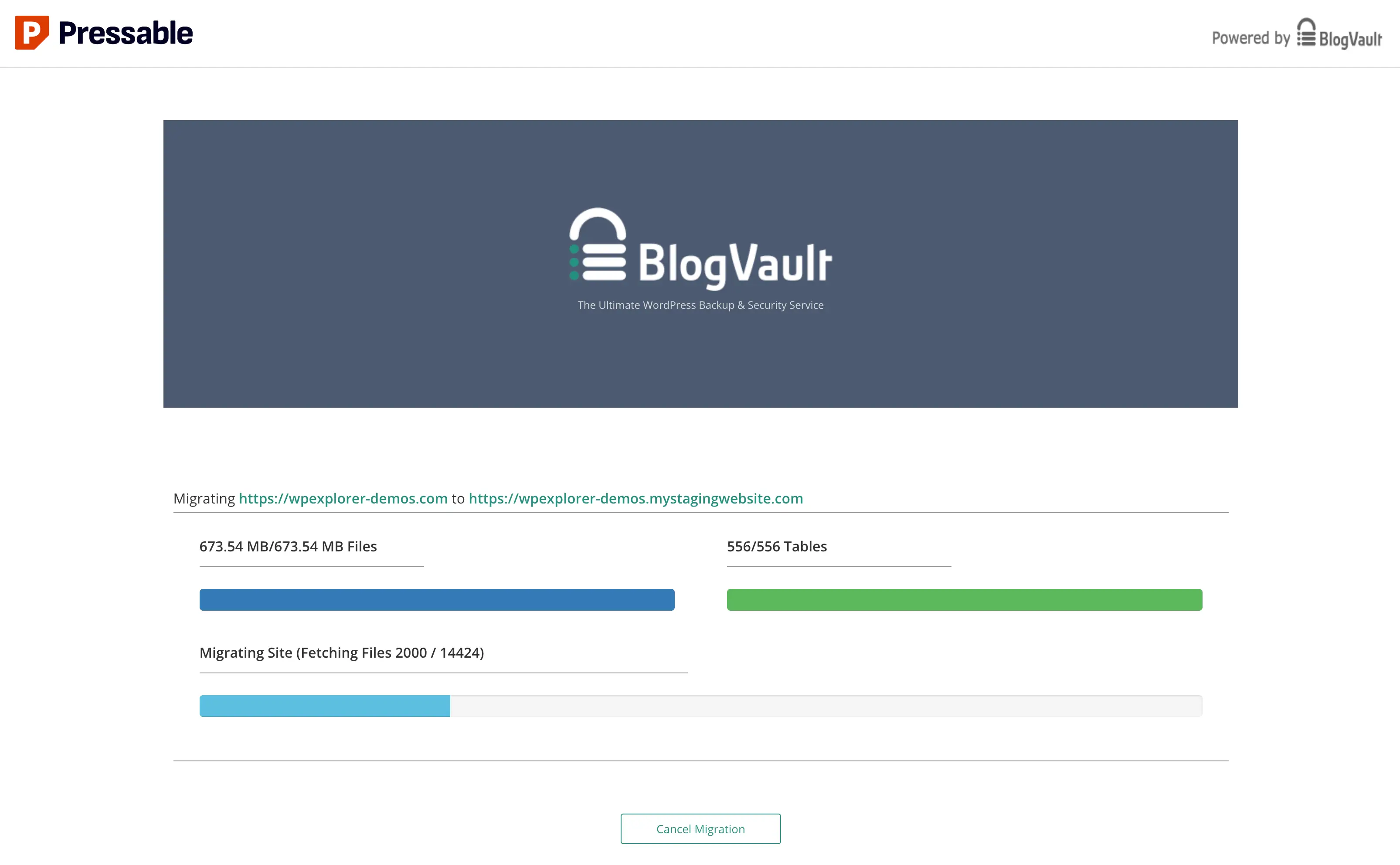 Pressable migration plugin processing screen