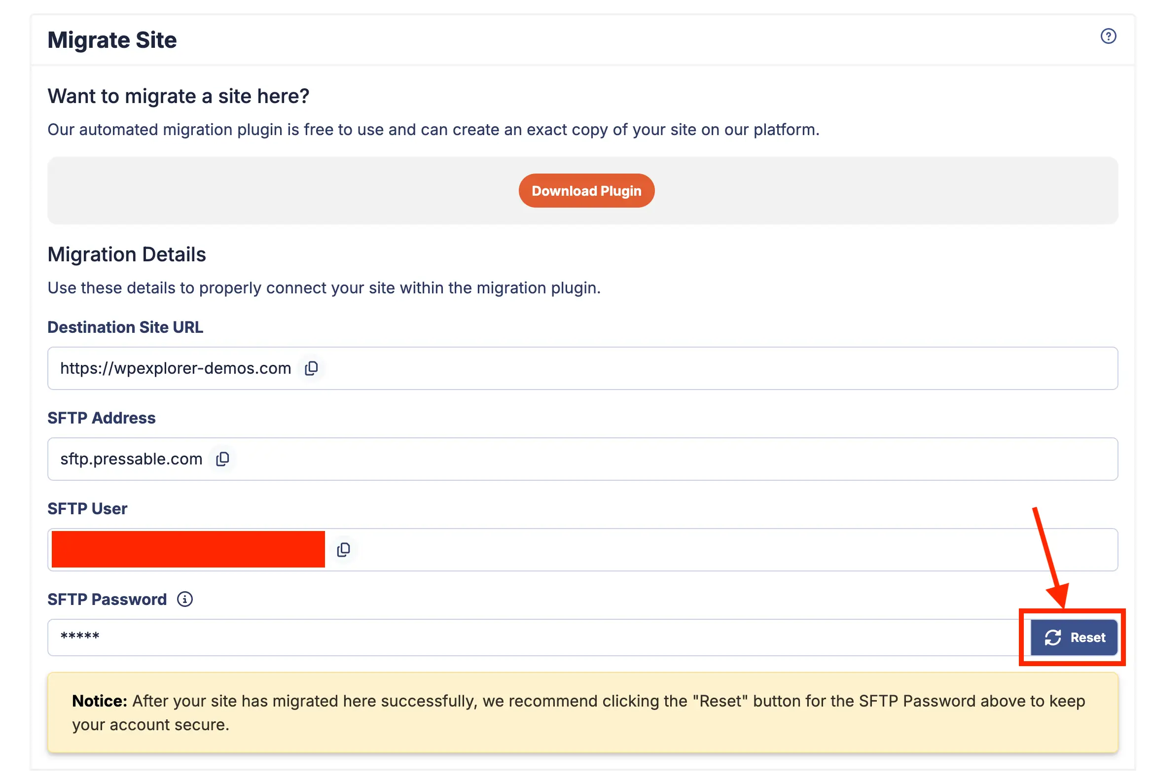 Pressable migrate site SFTP reset password button