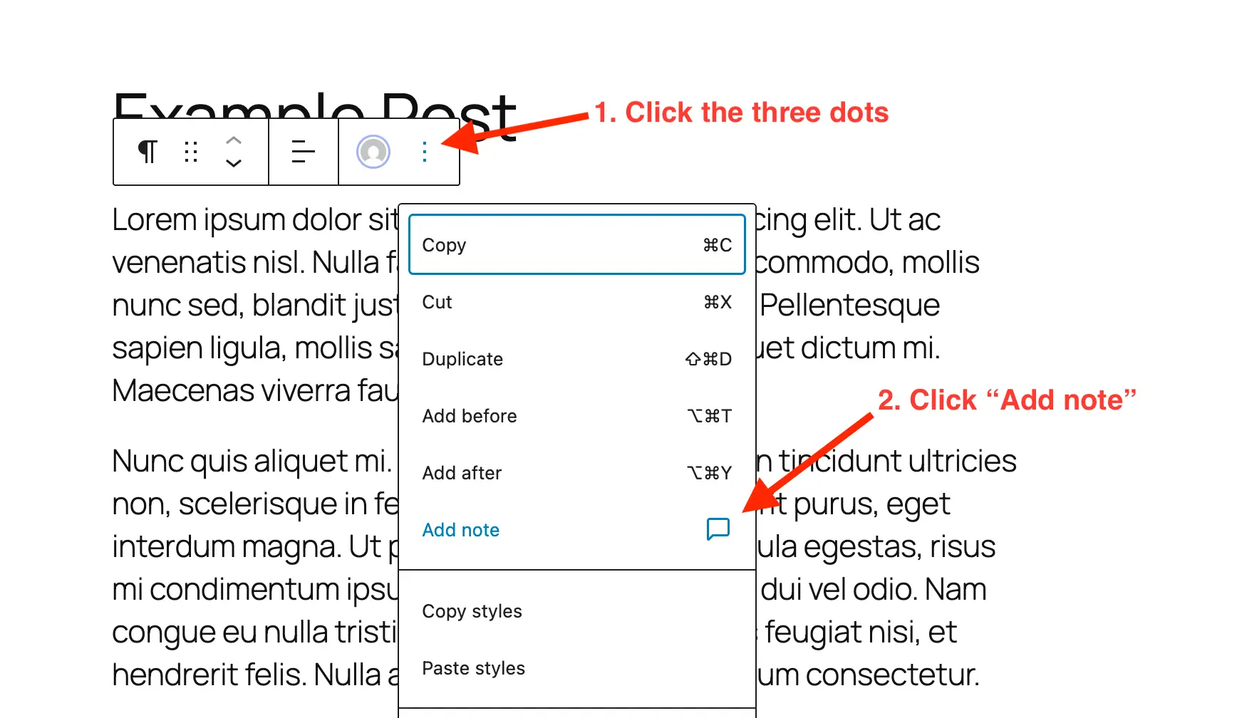 WordPress add new note