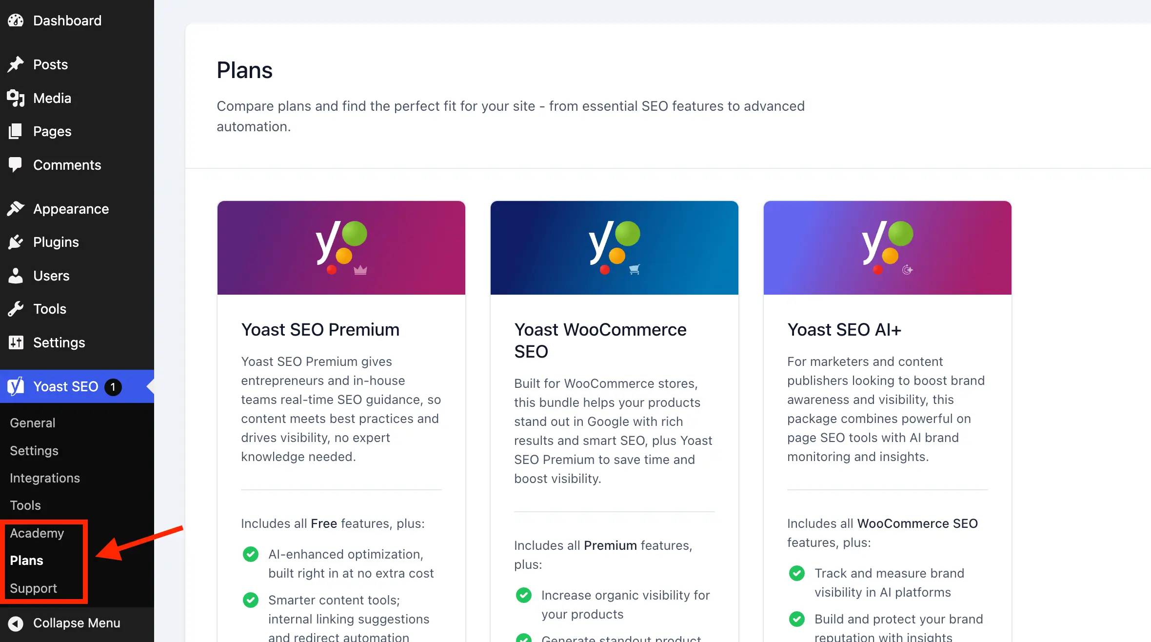 Yoast SEO extra upsell admin pages