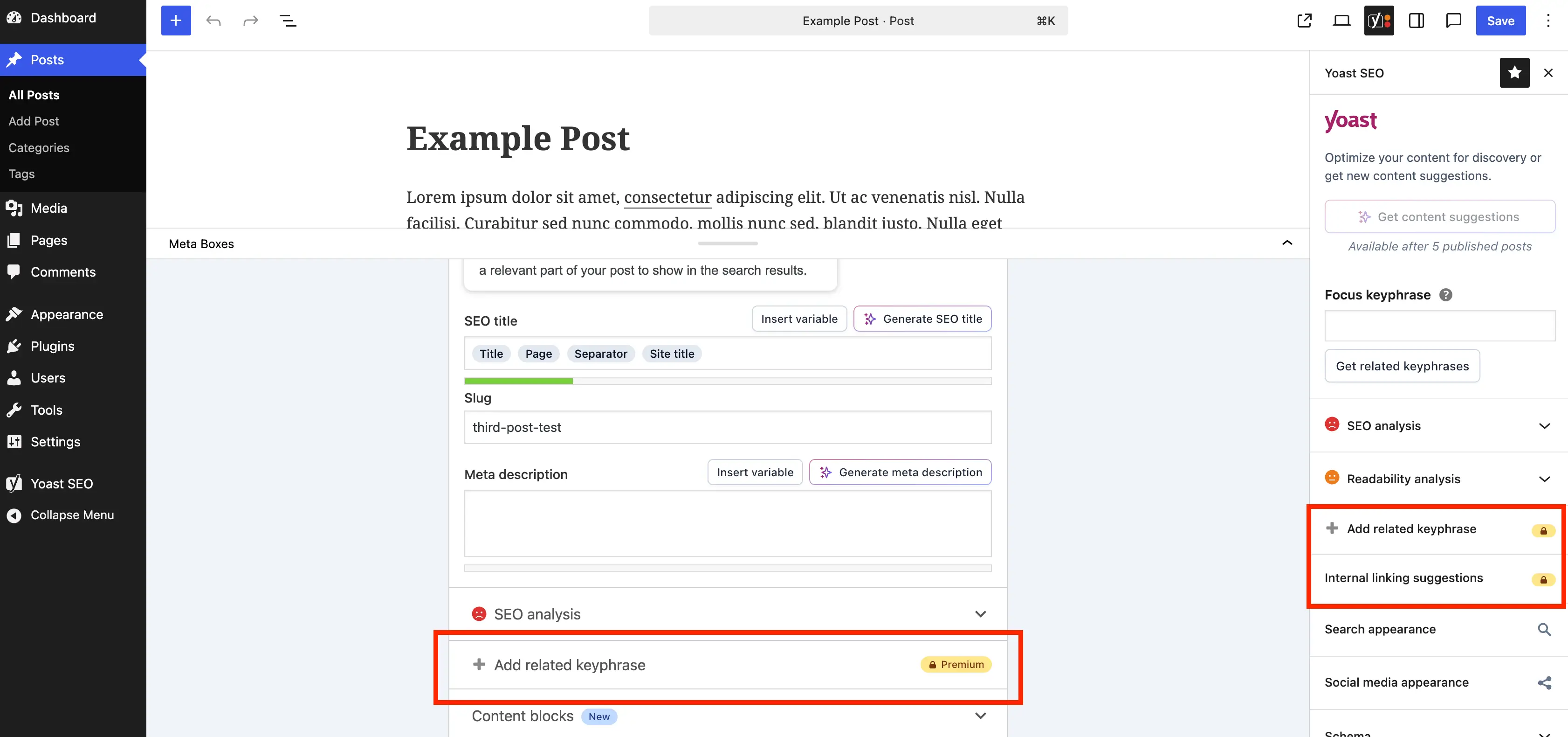 Yoast SEO premium upsells metaboxes