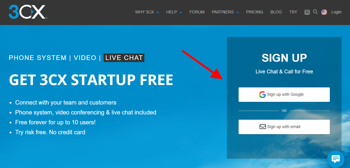 3cx live chat plugin sign up page
