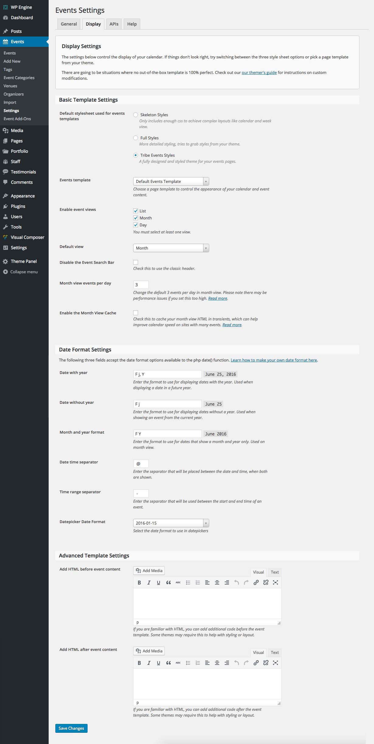 Events Calendar Plugin: Display Settings