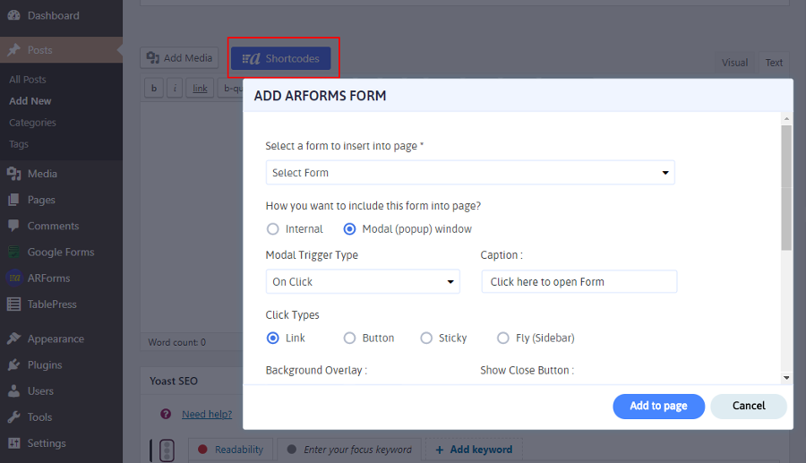 ARForms: Modal Popup options