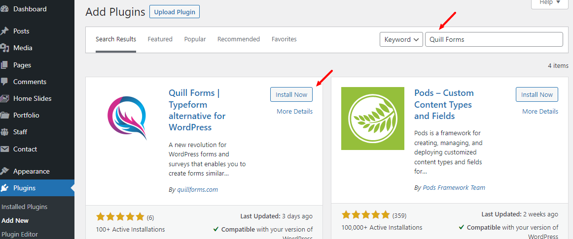installing the quill forms wordpress plugin