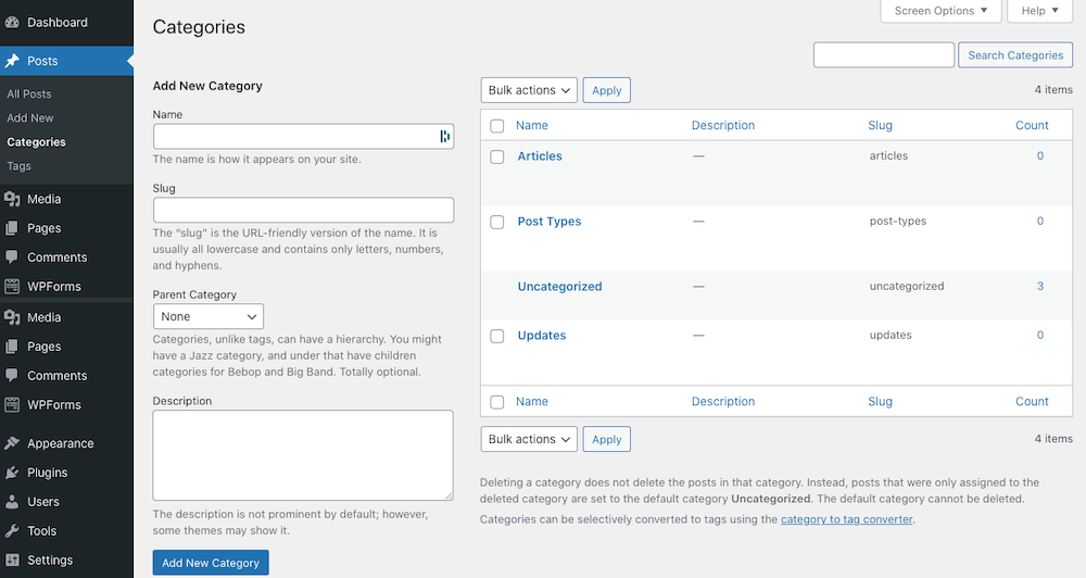 Categories management page