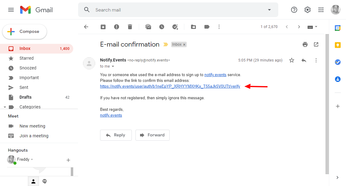Notify Events email confirm