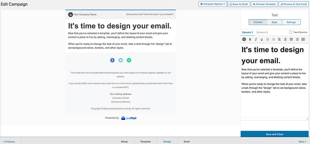 weMail editing campaign form