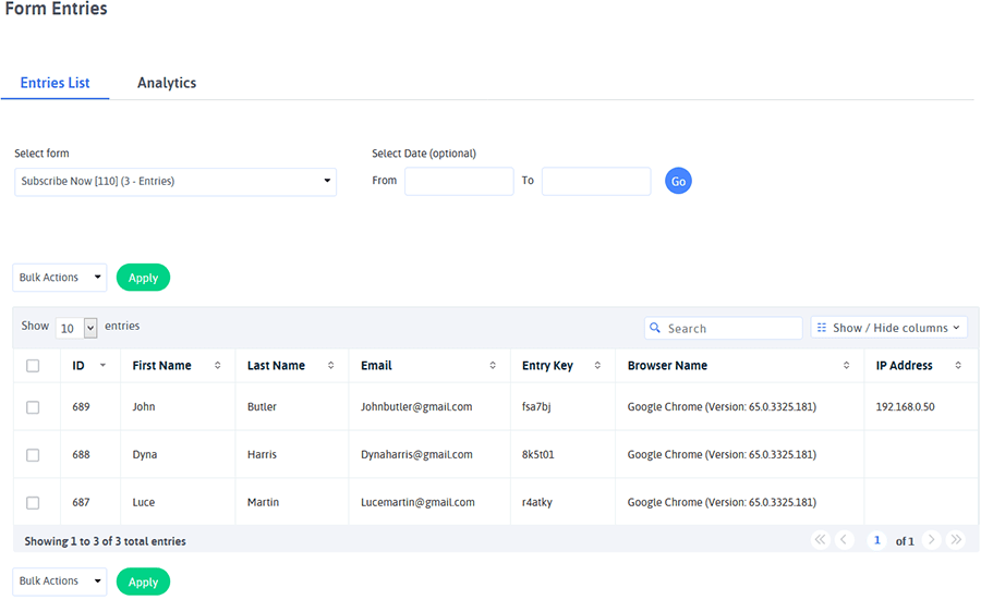 ARForms: Form entries