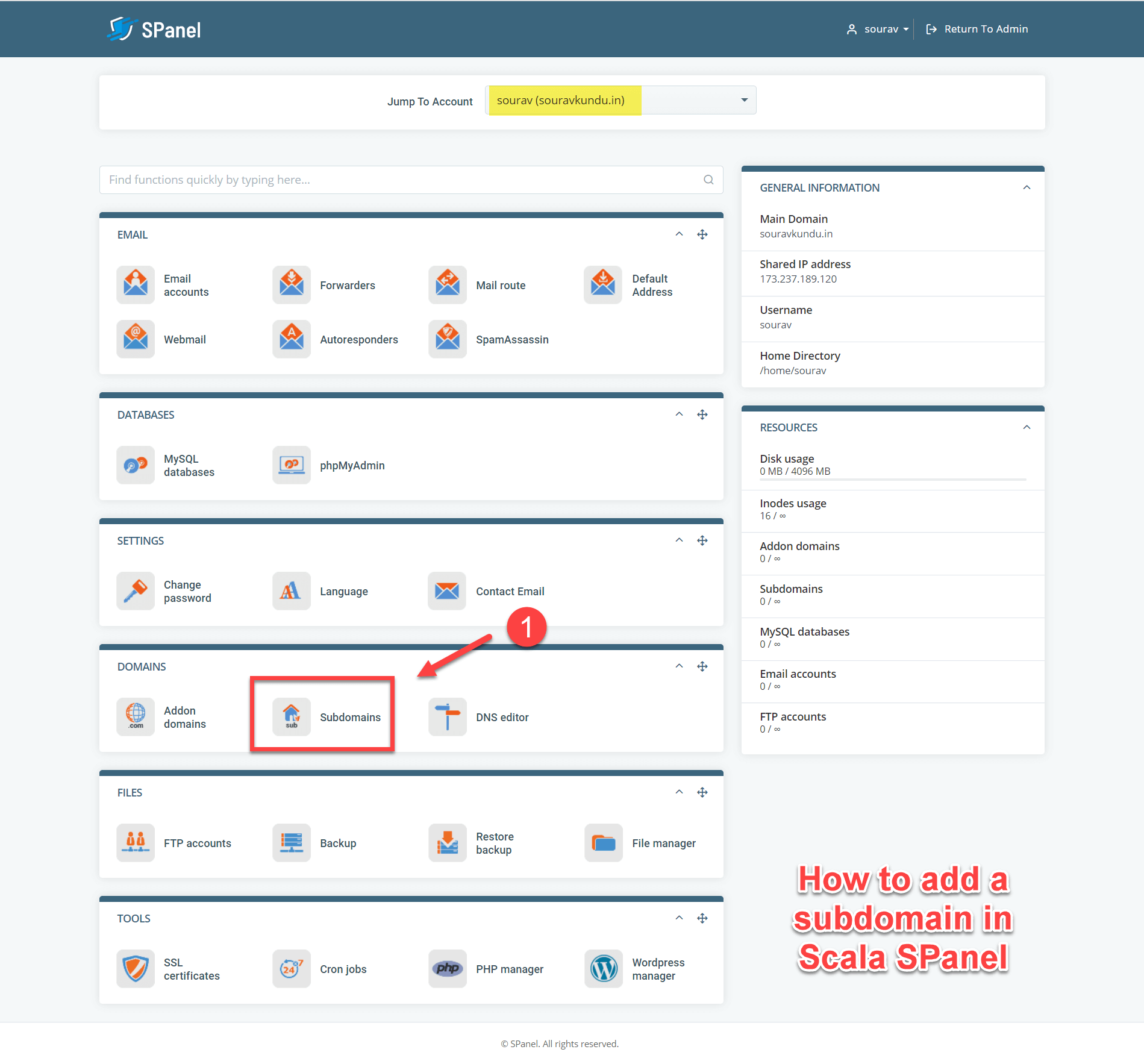 How to add a subdomain in Scala SPanel part 1