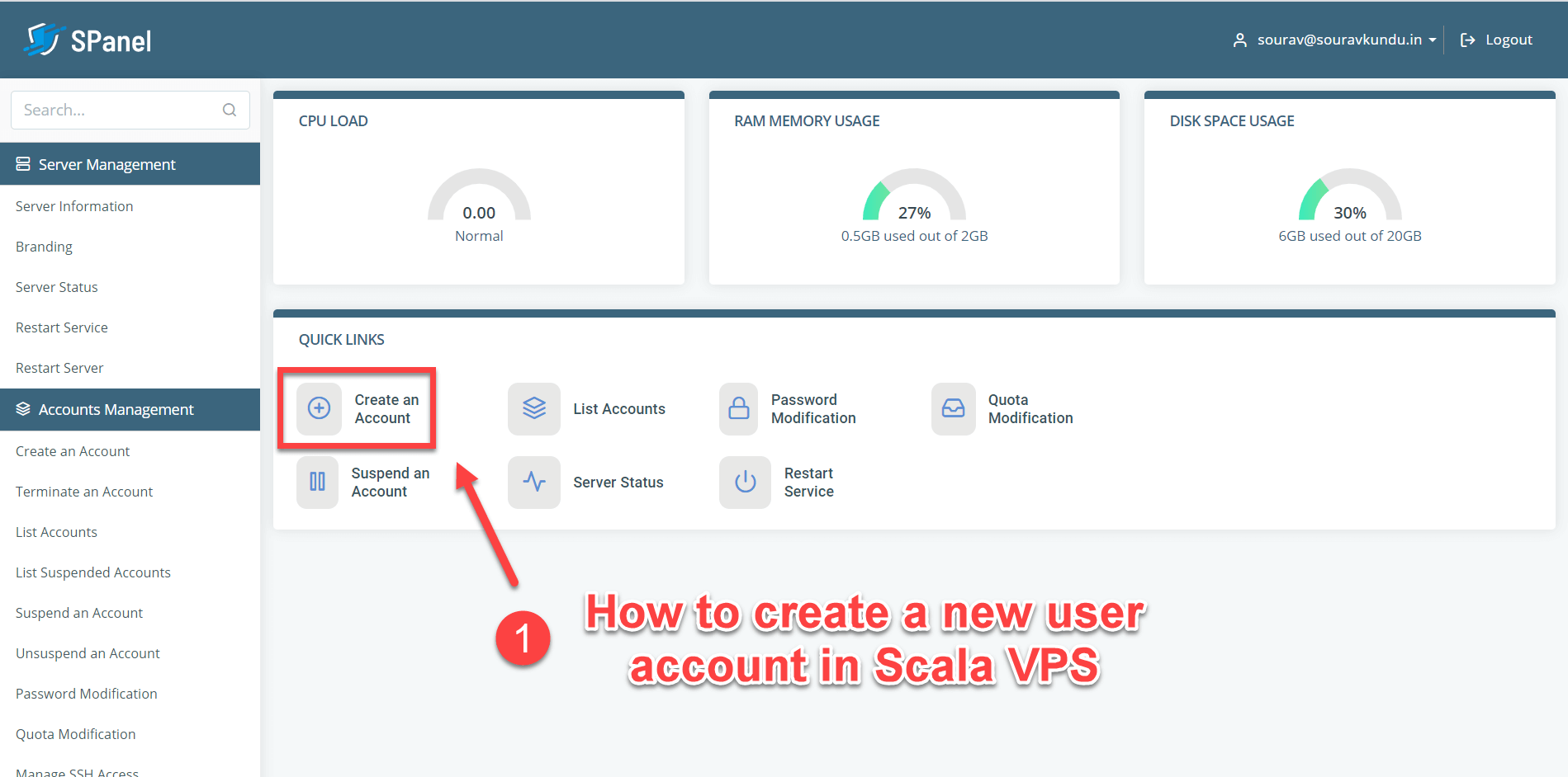 How to create a new user account in Scala spanel VPS 1