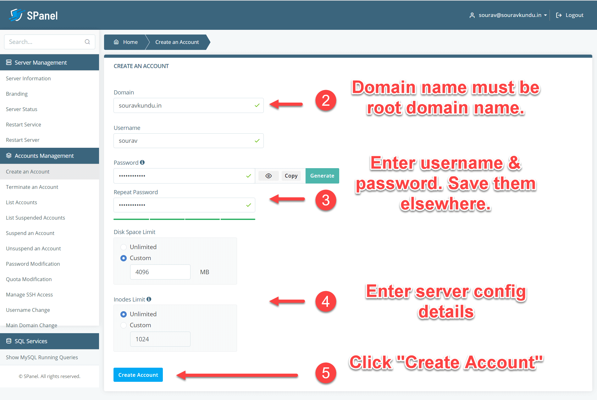 How to create a new user account in Scala spanel VPS 2