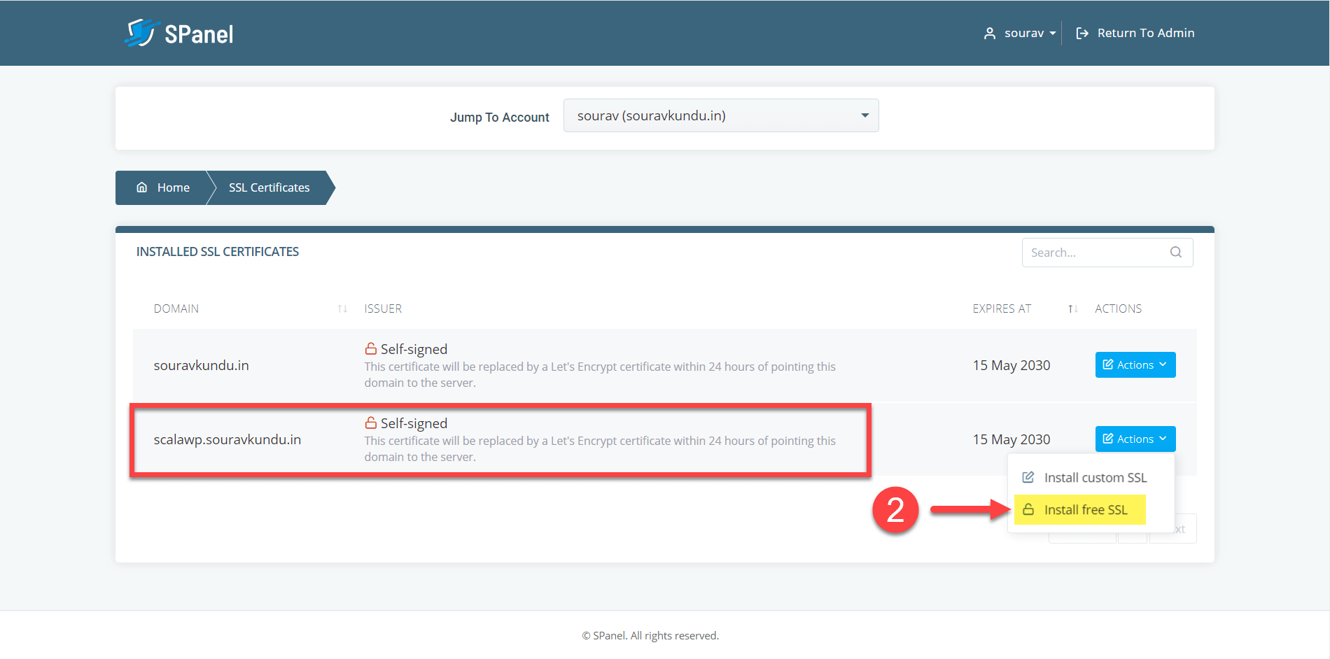 How to install free ssl certificate in Scala SPanel part 2
