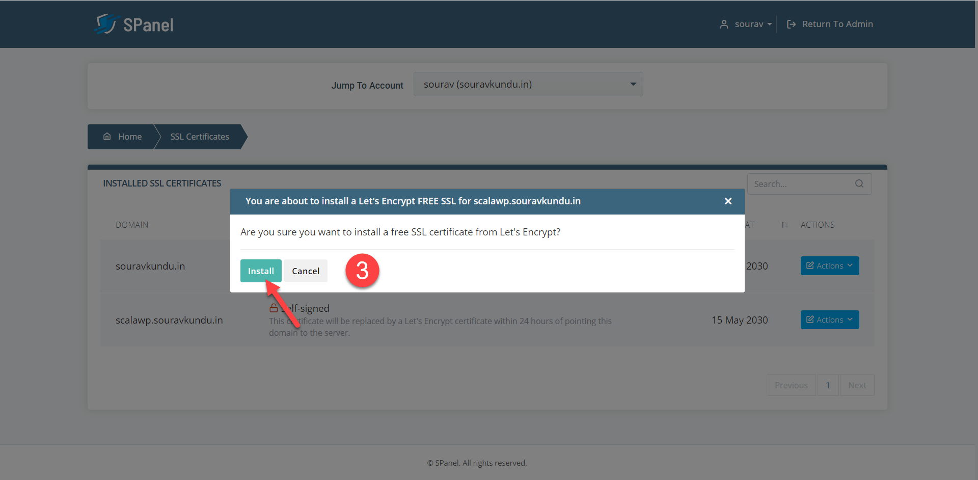 How to install free ssl certificate in Scala SPanel part 3