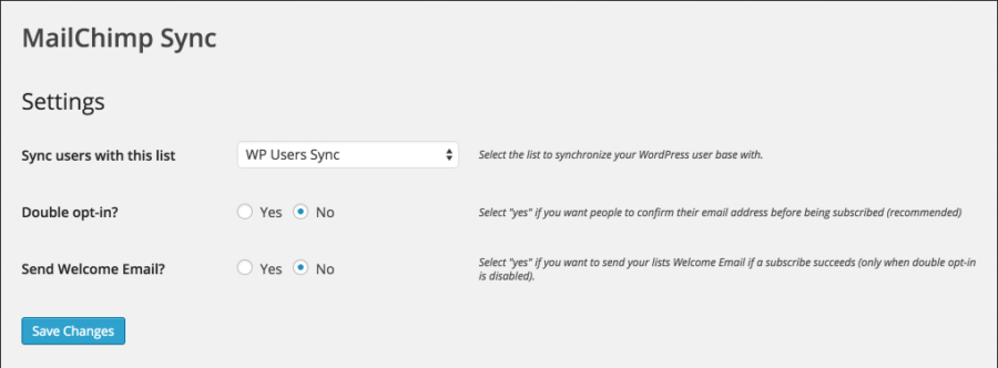 MailChimp User Sync settings