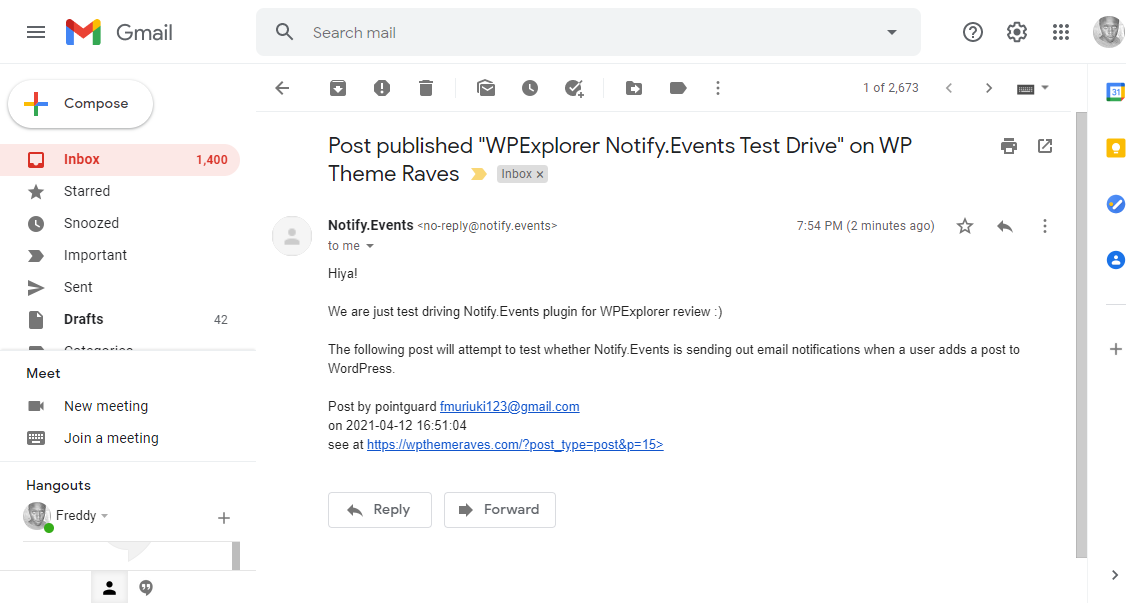 Notify Events post published