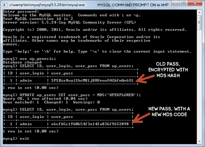Reset WP Password from MySQL CMD WAMP