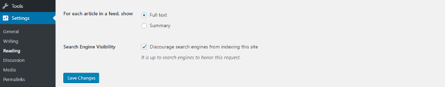 Settings option for search engine visibility