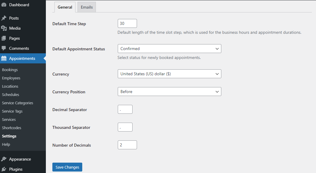 MotoPress WordPress Appointment Booking Plugin Settings